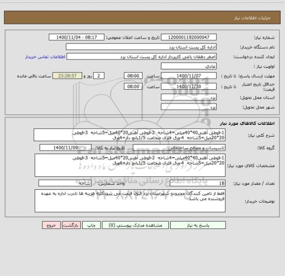 استعلام 1-قوطی آهنی40*40میلی=4شاخه  2-قوطی آهنی20*40میل=5شاخه  3-قوطی 20*20میل=5شاخه  4-ورق فلزی ضخامت 1/5پانچ دار=4ورق