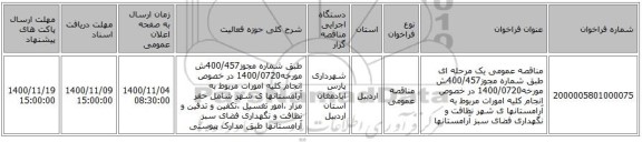 مناقصه عمومی یک مرحله ای طبق شماره مجوز400/457ش مورخه1400/0720 در خصوص انجام کلیه امورات مربوط به آرامستانها ی شهر نظافت و نگهداری فضای سبز آرامستانها