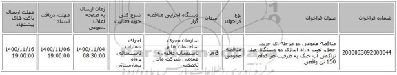 مناقصه عمومی دو مرحله ای خرید، حمل، نصب و راه اندازی دو دستگاه چیلر تراکمی آب خنک به ظرفیت هر کدام 150 تن واقعی