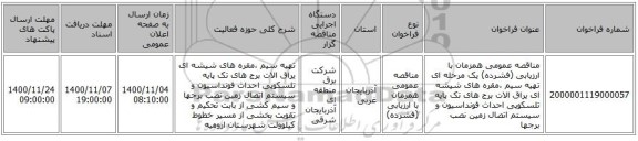 مناقصه عمومی همزمان با ارزیابی (فشرده) یک مرحله ای تهیه سیم ،مقره های شیشه ای یراق الات برج های تک پایه تلسکوپی احداث فونداسیون و سیستم اتصال زمین نصب برجها 