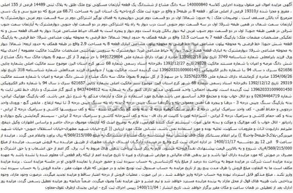 آگهی مزایده سه دانگ مشاع از ششدانگ یک قطعه آپارتمان مسکونی
