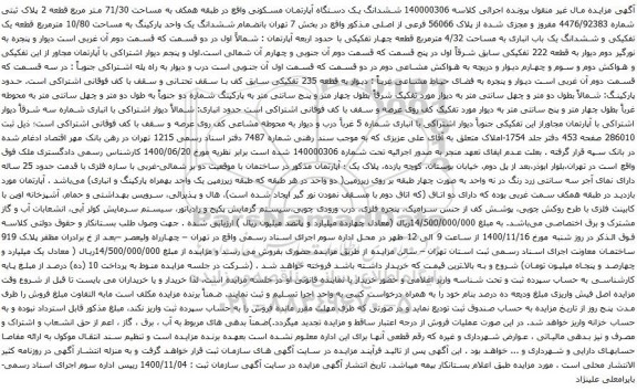 آگهی مزایده ششدانگ یک دستگاه آپارتمان مسکونی واقع در طبقه همکف به مساحت 71/30 متر مربع