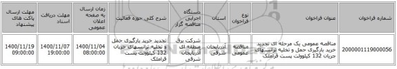 مناقصه عمومی یک مرحله ای تجدید خرید بارگیری حمل و تخلیه ترانسهای جریان 132 کیلوولت پست قراملک