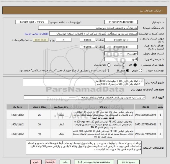 استعلام 1-لوله پلی اتیلن 110 میلیمتری 3000 متر
2-لوله پلی اتیلن 90 میلیمتری 4000 متر
3-لوله پلی اتیلن 75 میلیمتری 2600 متر (طبق مشخصات فنی پیوست)