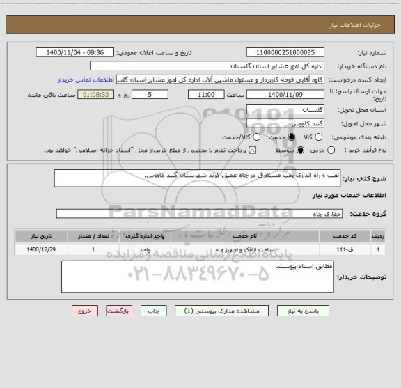 استعلام نصب و راه اندازی پمپ مستغرق در چاه عمیق کرند شهرستان گنبد کاووس.