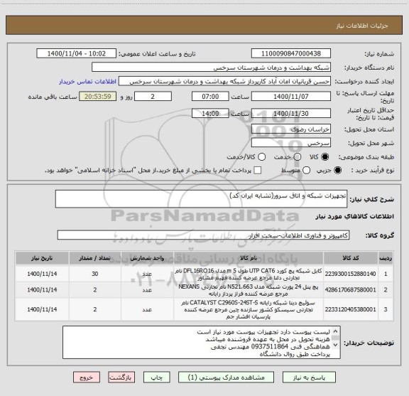 استعلام تجهیزات شبکه و اتاق سرور(تشابه ایران کد)