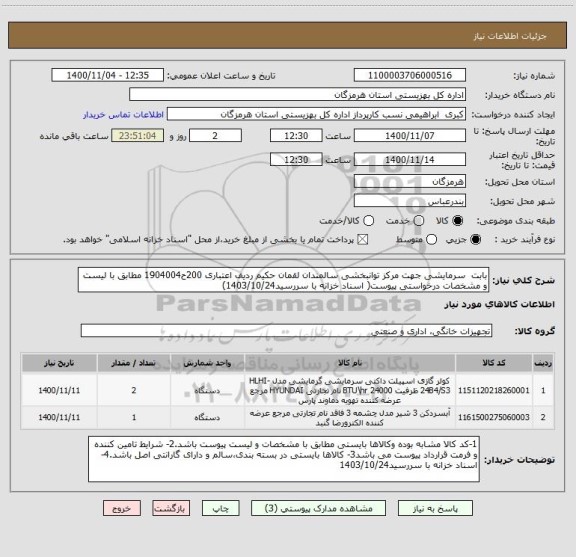 استعلام بابت  سرمایشی جهت مرکز توانبخشی سالمندان لقمان حکیم ردیف اعتباری 200ح1904004 مطابق با لیست و مشخصات درخواستی پیوست( اسناد خزانه با سررسید1403/10/24)