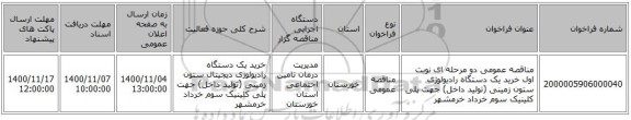 مناقصه عمومی دو مرحله ای نوبت اول خرید یک دستگاه رادیولوژی ستون زمینی (تولید داخل) جهت پلی کلینیک سوم خرداد خرمشهر   