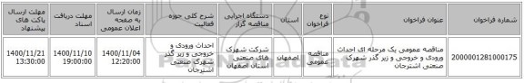 مناقصه عمومی یک مرحله ای احداث ورودی و خروجی و زیر گذر شهرک صنعتی اشترجان 