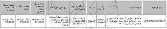 مناقصه عمومی یک مرحله ای خرید و حمل آسفالت توپکا جهت شهرک صنعتی امیر کبیر کاشان 