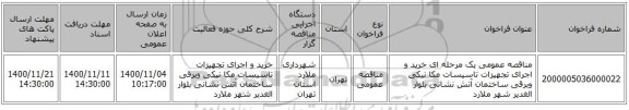 مناقصه عمومی یک مرحله ای  خرید و اجرای تجهیزات تاسیسات مکا نیکی وبرقی ساختمان آتش نشانی بلوار الغدیر شهر  ملارد 