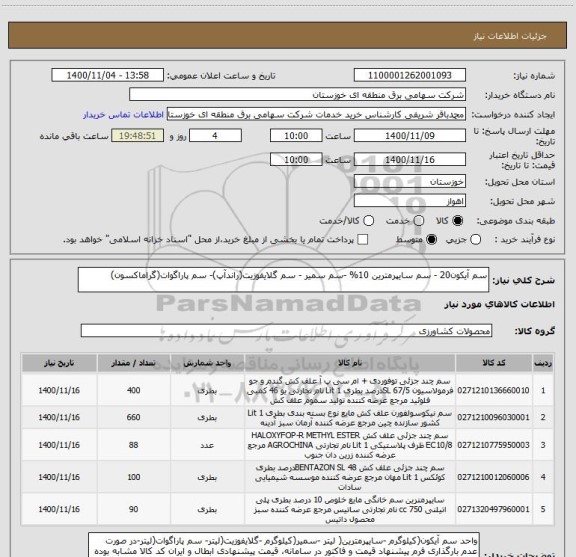استعلام سم آیکون20 - سم سایپرمترین 10% -سم سمیر - سم گلایفوزیت(راندآپ)- سم پاراگوات(گراماکسون)
