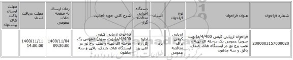 فراخوان ارزیابی کیفی 4/400/م(نوبت سوم)  عمومی یک مرحله ای تهیه و نصب برج نور در ایستگاه های جندق، بافق و سه چاهون