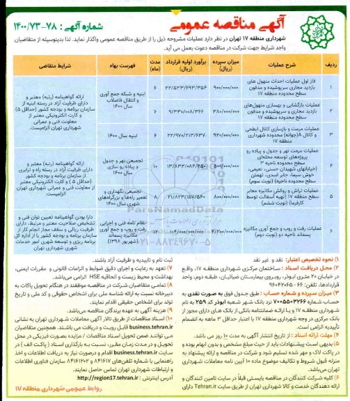 مناقصه فاز اول عملیات احداث منهول های بازدید مجاری...