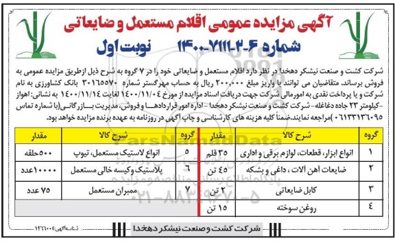 مزایده عمومی اقلام مستعمل و ضایعاتی