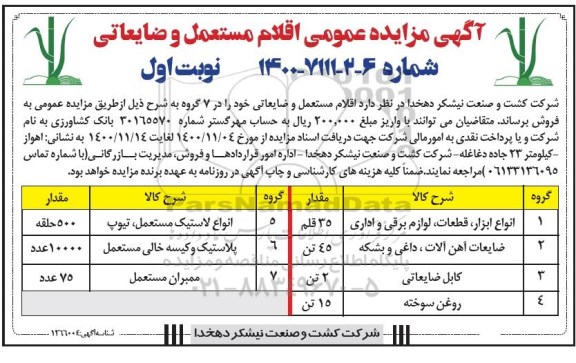 مزایده عمومی  اقلام مستعمل و ضایعاتی 