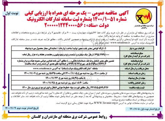 مناقصه خرید یراق آلات خط 63 کیلوولت چهارمداره بست 400