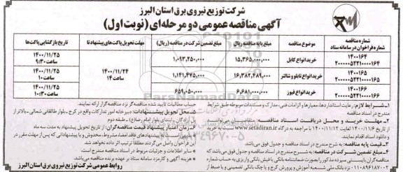 مناقصه، مناقصه خرید انواع کابل ...