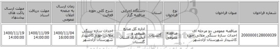 مناقصه عمومی دو مرحله ای احداث سازه سنگی ملاتی حوزه کاشیدار شهرستان آزادشهر