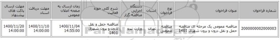 مناقصه عمومی یک مرحله ای مناقصه حمل و نقل درون و برون شهری 1401