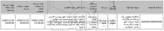 مناقصه عمومی یک مرحله ای واگذاری کلیه خدمات امور بهشت قاسم به بخش خصوصی