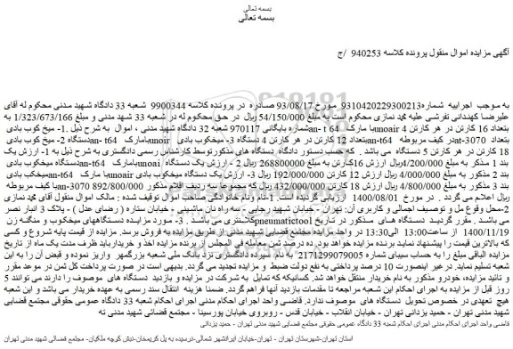 مزایده فروش .1- میخ کوب بادی an- t 64 با مارک unoair بتعداد 16 کارتن در هر کارتن 4 دستگاه و...