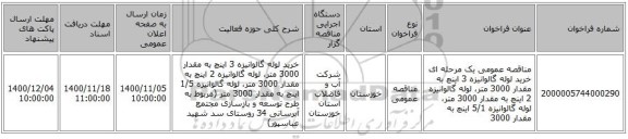 مناقصه عمومی یک مرحله ای خرید لوله گالوانیزه 3 اینچ به مقدار 3000 متر، لوله گالوانیزه 2 اینچ به مقدار 3000 متر، لوله گالوانیزه 5/1 اینچ به مقدار 3000 