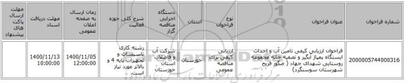 فراخوان ارزیابی کیفی تامین آب و احداث ایستگاه پمپاژ آبگیر و تصفیه خانه مجموعه روستایی شهدای جهاد ( صگور فریح شهرستان سوسنگرد)