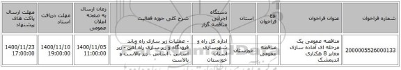 مناقصه عمومی یک مرحله ای آماده سازی معابر 8 هکتاری اندیمشک
