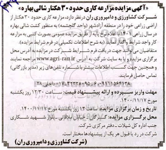 مزایده، مزایده مزارعه کاری حدود 30 هکتار شالی بهاره