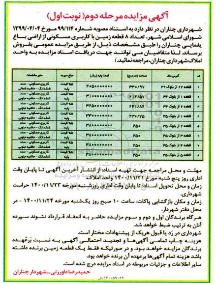 مزایده،مزایده فروش تعداد 8 قطعه زمین با کاربری مسکونی مرحله دوم نوبت اول