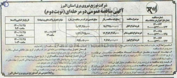 مناقصه، مناقصه خرید انواع کابل ... نوبت دوم 
