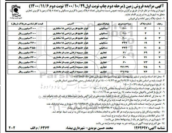 مزایده فروش تعداد 10 پلاک زمین با کاربری مسکونی و با کاربری تجاری     نوبت دوم 