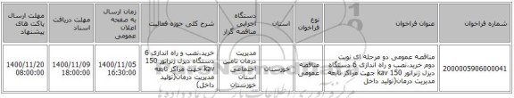 مناقصه عمومی دو مرحله ای نوبت دوم خرید،نصب و راه اندازی 6 دستگاه دیزل ژنراتور 150 kav جهت مراکز تابعه مدیریت درمان(تولید داخل