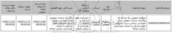 مناقصه عمومی یک مرحله ای واگذاری خدمات عمومی مرکز آموزشی درمانی سینا دانشکده علوم پزشکی و خدمات بهداشتی درمانی مراغه