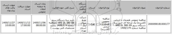 مناقصه عمومی همزمان با ارزیابی (فشرده) یک مرحله ای خرید سه دستگاه سرور HPE  DL 580 G9 مناقصه شماره 1400/174