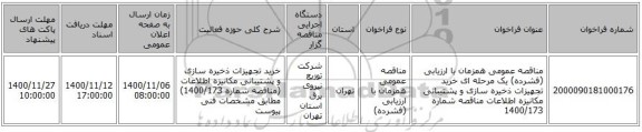 مناقصه عمومی همزمان با ارزیابی (فشرده) یک مرحله ای خرید تجهیزات ذخیره سازی و پشتیبانی مکانیزه اطلاعات مناقصه شماره 1400/173