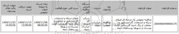 مناقصه عمومی یک مرحله ای اصلاح شبکه و انشعابات گاز،ابزاردقیق و حفاظت از زنگ ناحیه گازرسانی گناباد بجستان و شهرها  روستاهای تابعه