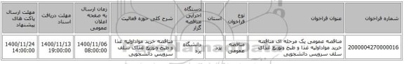 مناقصه عمومی یک مرحله ای مناقصه خرید مواداولیه غذا و طبخ وتوزیع غذای سلف سرویس دانشجویی 