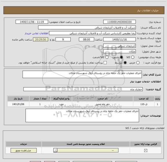 استعلام اجرای عملیات حفر یک حلقه چاه در روستای آروق شهرستان ملکان