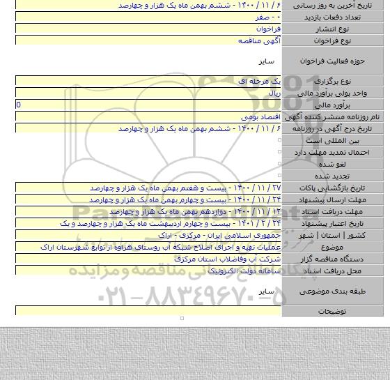 عملیات تهیه و اجرای اصلاح شبکه آب روستای هزاوه از توابع شهرستان اراک