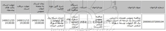 مناقصه عمومی همزمان با ارزیابی (فشرده) یک مرحله ای احداث شبکه برق 20 کیلوولت توسعه شهرک صنعتی خیرآباد