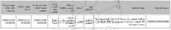 مناقصه عمومی یک مرحله ای احداث فونداسیون خط 66 کیلوولت دو مداره خروجی پست 400 خرامه به سمت سروستان