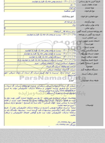 مزایده خودروهای شرکت گاز استان