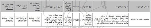 مناقصه عمومی همزمان با ارزیابی (فشرده) دو مرحله ای بومی‌سازی و به روزرسانی سیستم تحریک ژنراتور یک واحد توربین گازی هیتاچی نیروگاه ری