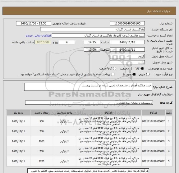 استعلام خرید میلگرد آجدار با مشخصات تعیین شده در لیست پیوست