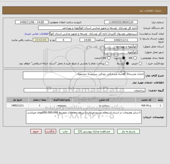 استعلام احداث مدرسه2 کلاسه مشارکتی رودکی سربیشه دیشموک