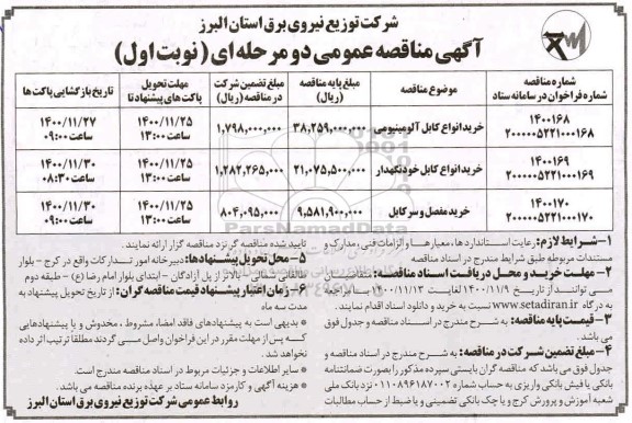مناقصه، مناقصه خرید انواع کابل الومینیومی و...