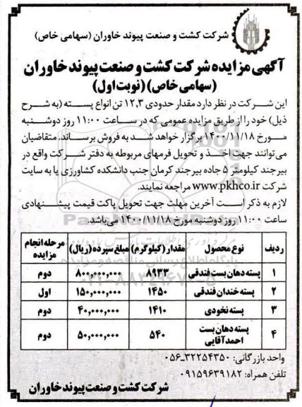 مزایده مقدار حدودی 12.3 تن انواع پسته