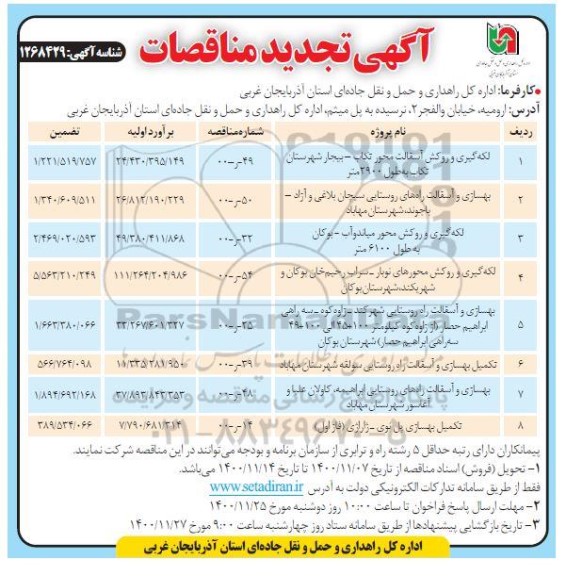مناقصه لکه گیری و روکش محورهای ... تجدید